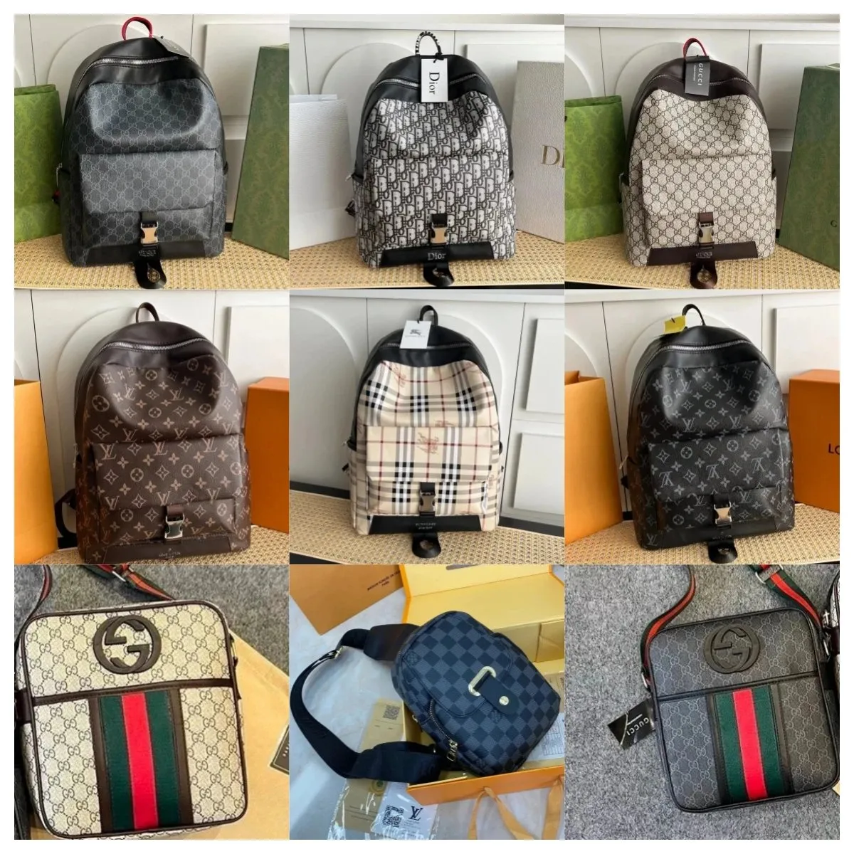 Gucci GG Supreme / Dior Oblique / Louis Vuitton Monogram / Burberry Check Backpacks & Crossbody Bags [40 styles]