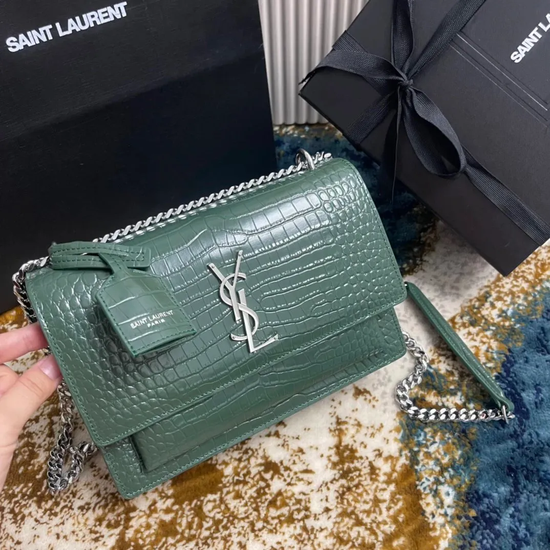 Saint Laurent YSL Monogram Crocodile-Embossed Chain Shoulder Bag