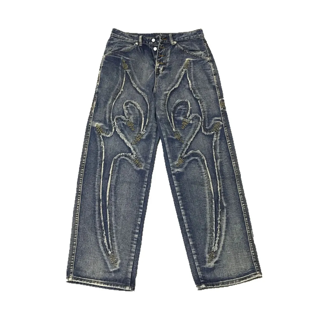 Flame-Embroidered Wide-Leg Denim Pants [2 styles]