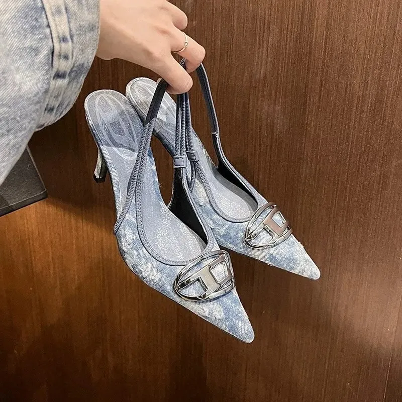 Denim Print Pointed Toe Slingback Heels [8 styles]