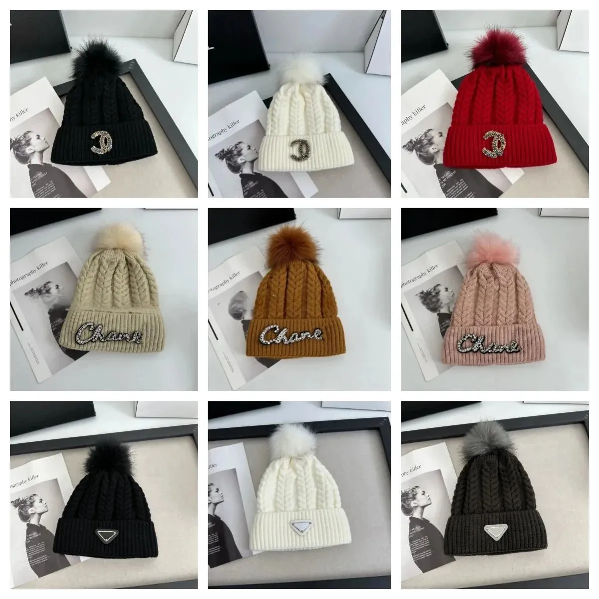 Chanel & Prada Cable Knit Beanie with Fur Pom-Pom [Multiple Colors]
