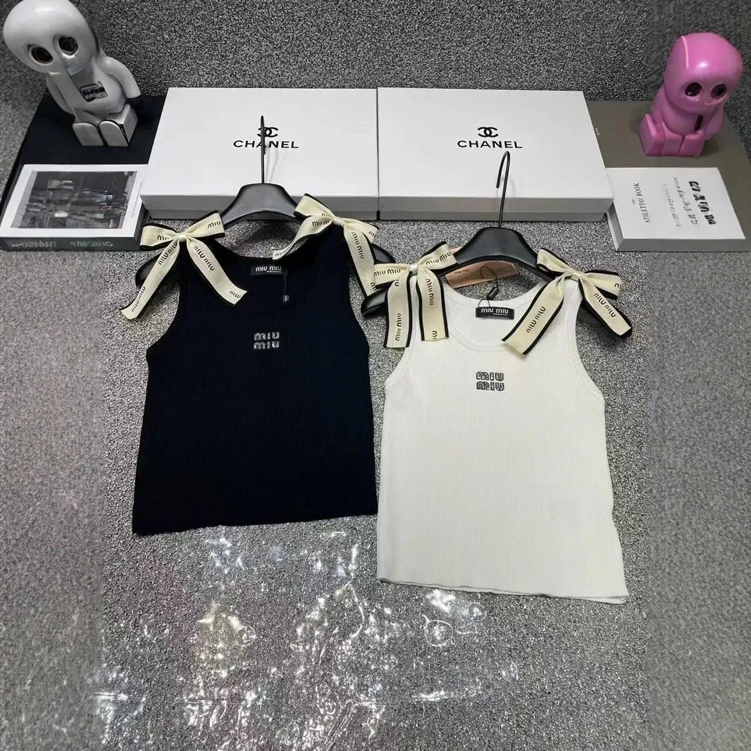 Miu Miu Ribbed Tank Top with Logo and Ribbon Detail [2 styles]