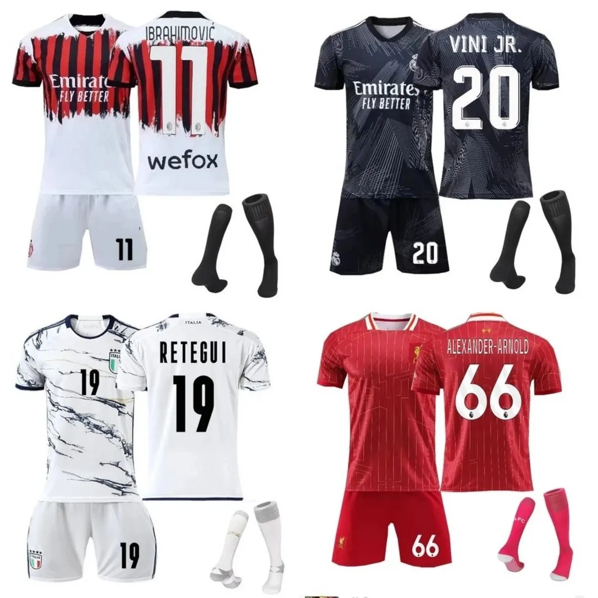 AC Milan Ibrahimovic 11 / Real Madrid Vinicius Jr. 20 / Italy Retegui 19 / Liverpool Alexander-Arnold 66 Jersey Sets [40 styles]