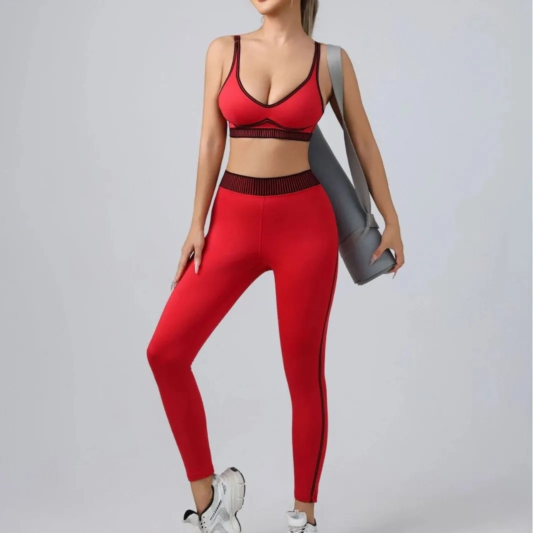 Red Ribbed Trim Sports Bra & Leggings Set [7 styles]