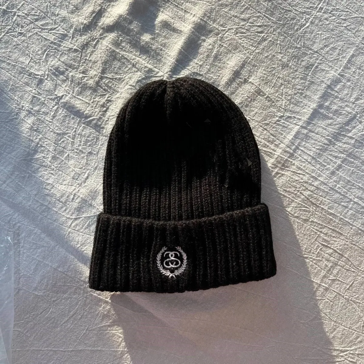 Black Ribbed Beanie with Embroidered Logo