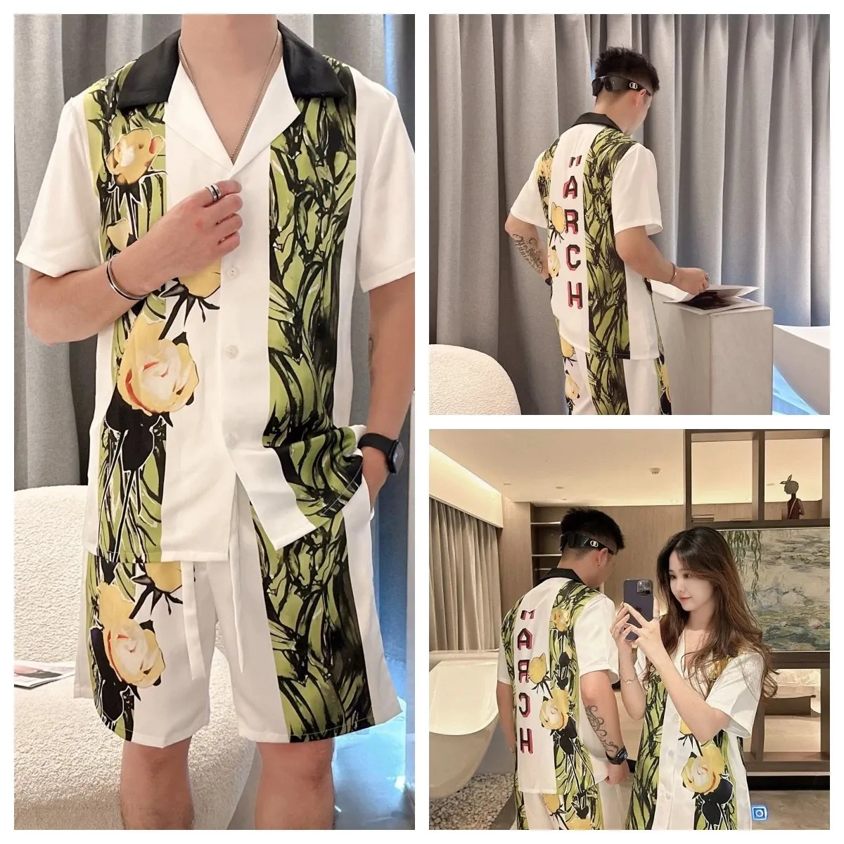 Floral Print Contrast Collar Short Sleeve Shirt/Shorts Set [1 style]