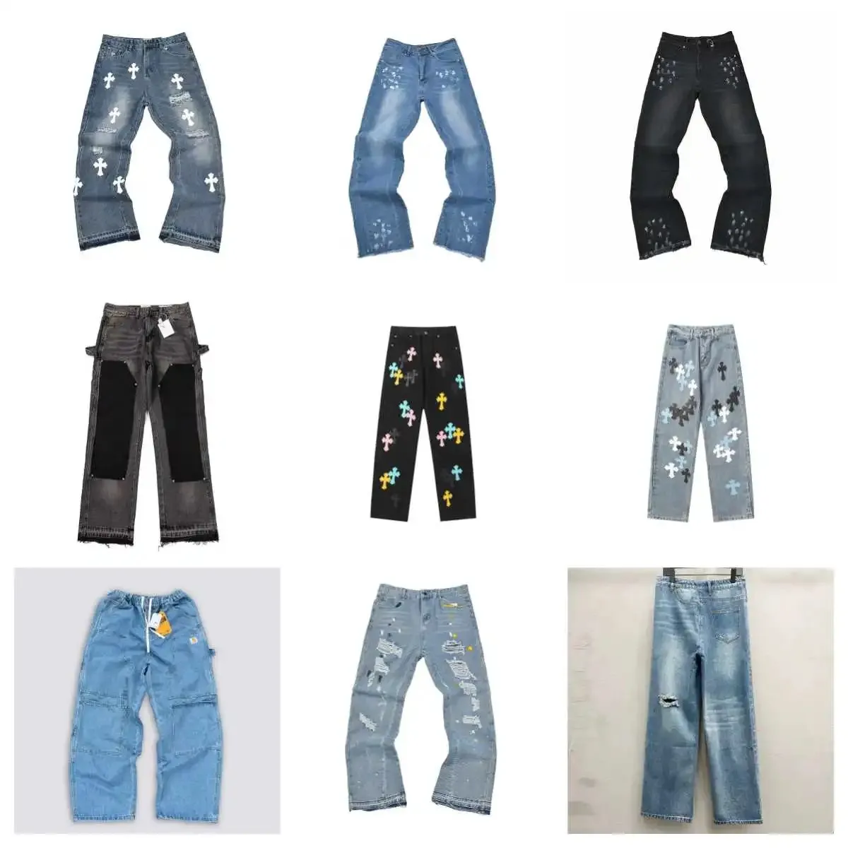 Cross-Embroidered Distressed Denim Pants [9 styles]