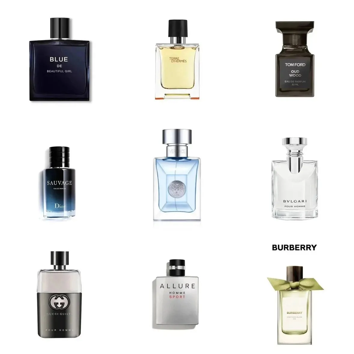 Blue de Beautiful Girl, Terre d'Hermès, Tom Ford Oud Wood, Dior Sauvage, Versace Eau de Toilette, Bvlgari Pour Homme, Gucci Guilty Pour Homme, Chanel Allure Homme Sport, Burberry Perfume [40 styles]