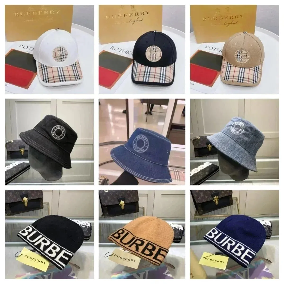 Burberry Check Logo Baseball Cap, Denim Bucket Hat & Knit Beanie Collection
