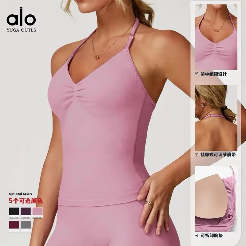 Alo Yoga Outls Ruched Front Halter Top with Adjustable Straps and Removable Pads [5 styles]