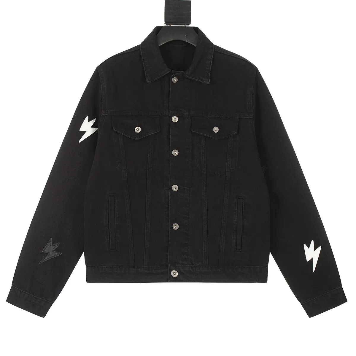 Black Denim Trucker Jacket with Lightning Bolt Embroidery