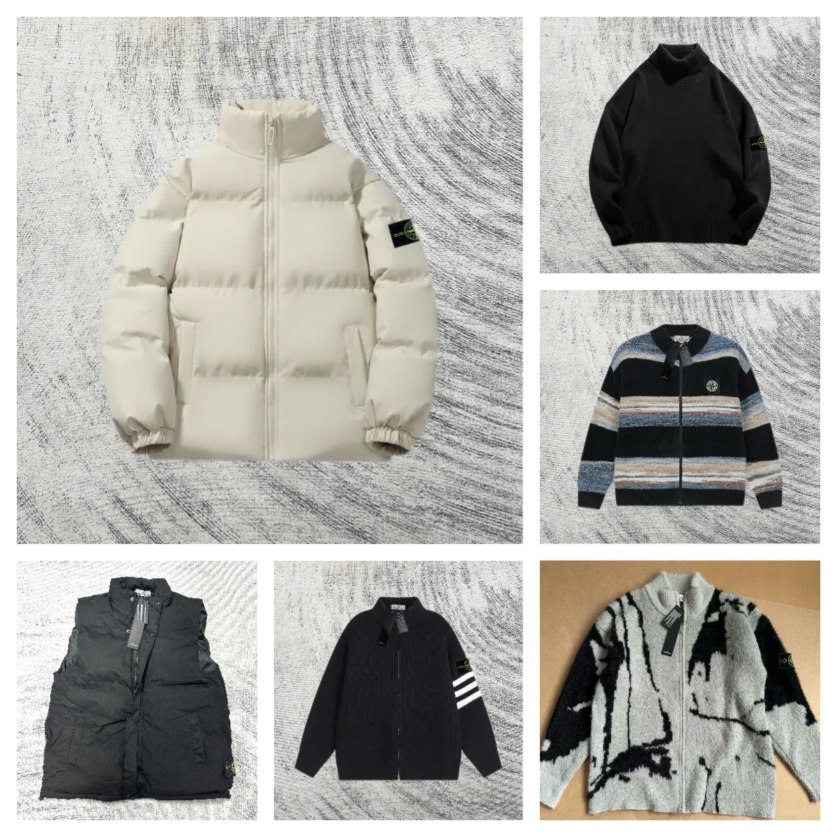 Stone Island Padded Jacket, Turtleneck Sweater, Striped Zip-Up Cardigan, Vest, Ribbed Zip-Up Jacket, Abstract Print Cardigan [6 styles]