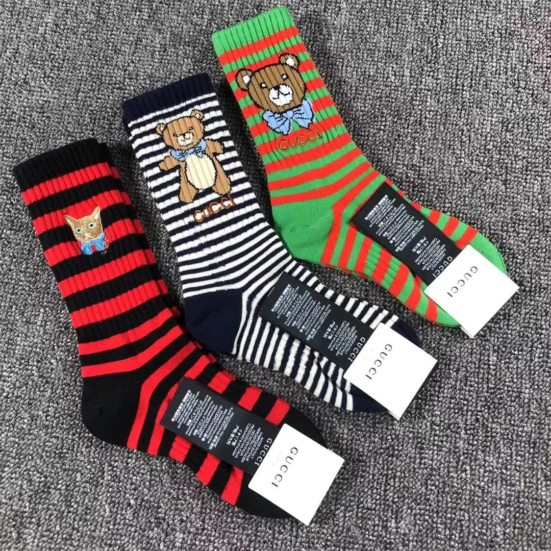Gucci Striped Bear and Cat Embroidered Socks [1 style]
