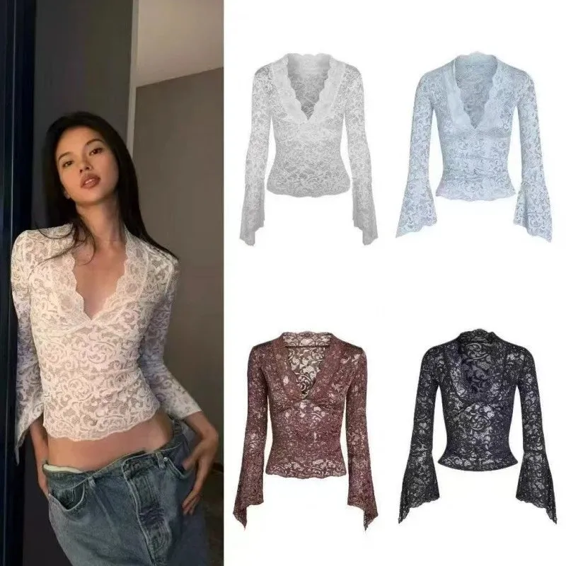 Lace V-Neck Long Sleeve Crop Top [5 styles]
